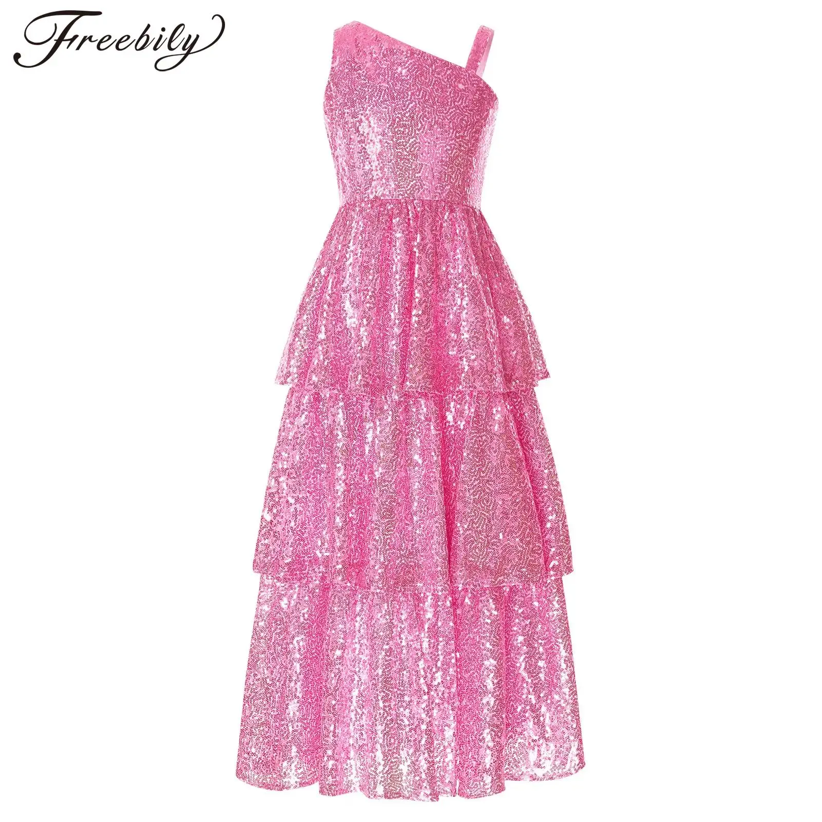 Girls Sequined Tiered Birthday Dress Kids Sleeveless Ruffled A-line Dress Party Gowns for Banquet Proms Modern Dance Costume