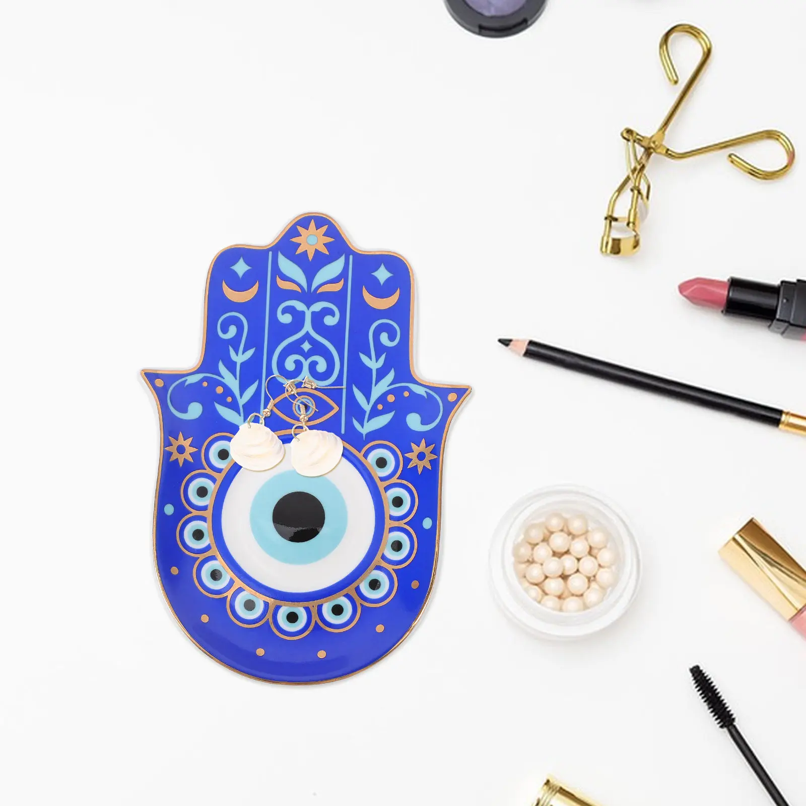 Pequeña Bandeja Decorativa de Cerámica con Diseño de Ojo Turco para Joyas, Llaves, Anillos, Pendientes y Pequeños Objetos, Estilo Boho para el Hogar
