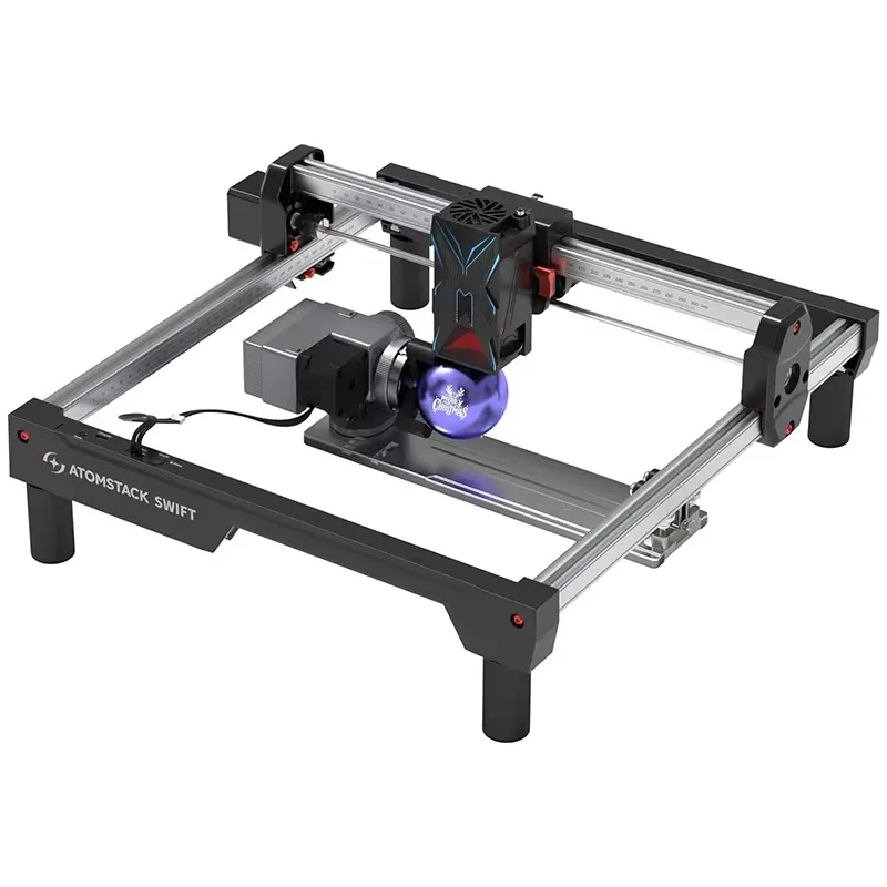 Swift 12W Engraver & Cutter: Features R8 Rotary, 300x300mm Area, and Wi-Fi/USB/APP for Total Control.