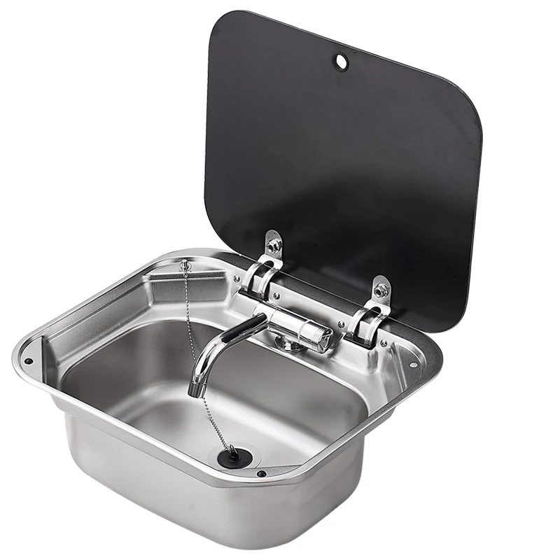 

RV sink folding faucet with lid square flap 304 stainless steel water basin vegetable basin single slot can be rotated