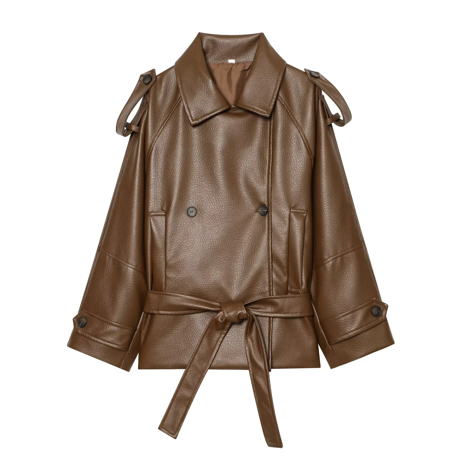 

2026 Summer New Women's Fashion Style Versatile Look Thin Collar Double Row Buckle Leather Jacket