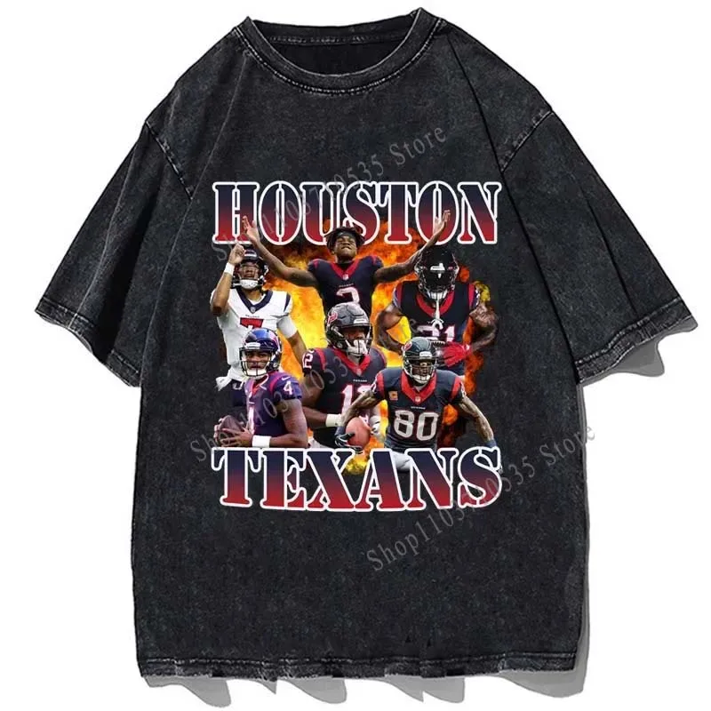 Football Team Houston Texans Printed T-shirt Vintage Cotton Oversize T Shirts Fashion Men Casual Loose O-Neck Tshirt Tops