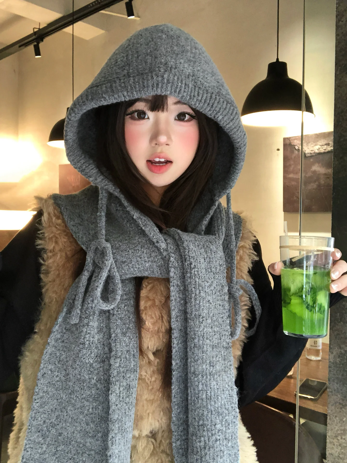 Gray Knitted Woolen Hat with Scarf Integrated for Women Warm Winter Fashion Casual Style Non-Adjustable round Top Cap