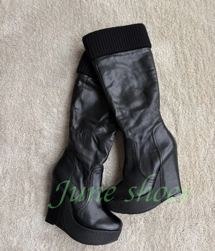 Botas Altas de Plataforma con Tacón de Cuña Estilo Y2K, Negras, de Piel Sintética, con Puño de Punto, Punta Redonda, Diseño Plisado, para Mujer, Invierno, Talla 46