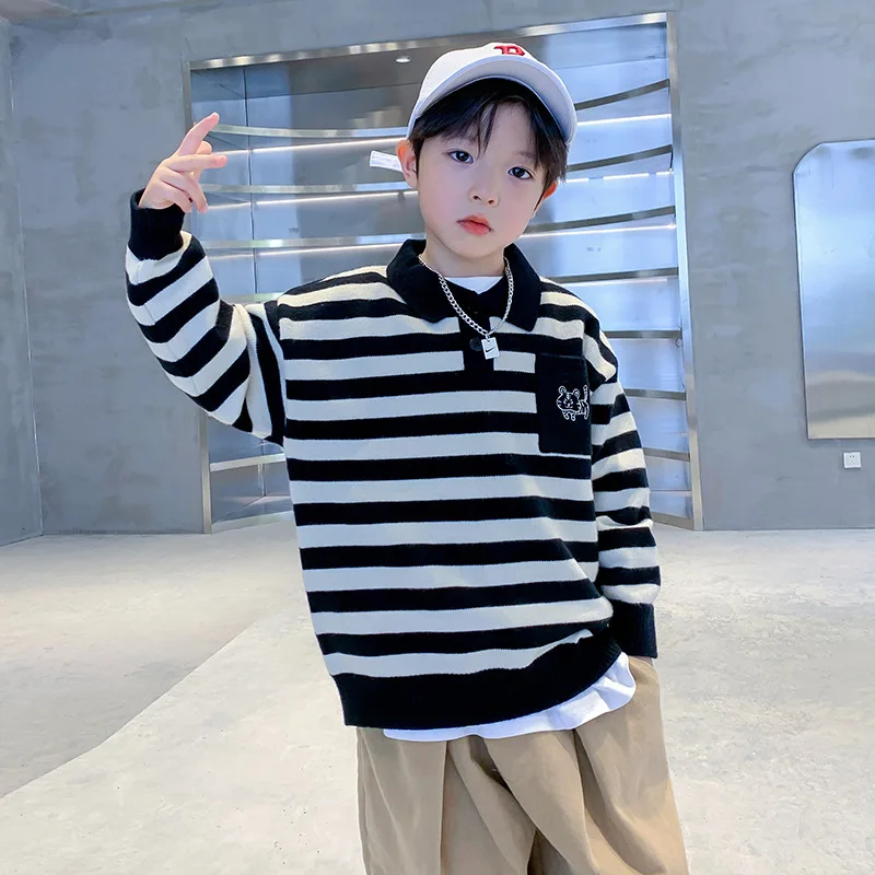 

Popular logo stripes boys Polo collar sweater winter new children's sweater, 2023 male children's sweaters