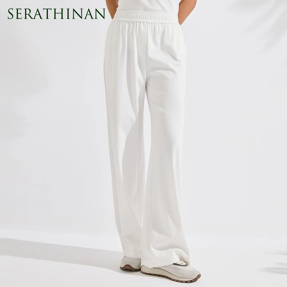 KX9613752 Elegant 100% Cotton Sweatpants Women's Side Stripe Luxury Relaxed Fit Wide Leg Trousers
