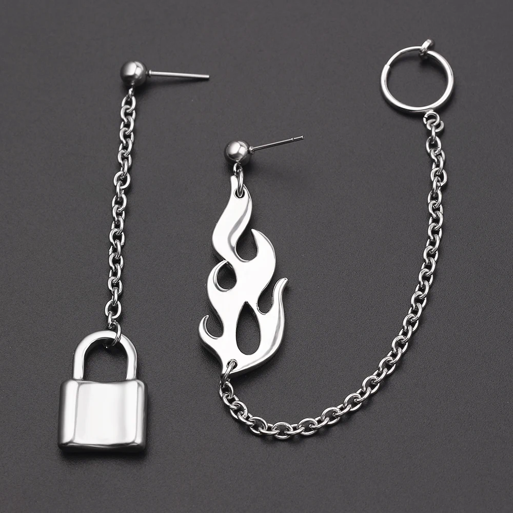 Creative Fashion Hip Hop Lock Flames Asymmetric Ear Studs Punk Jewelry Personalized Accessory for Women Men