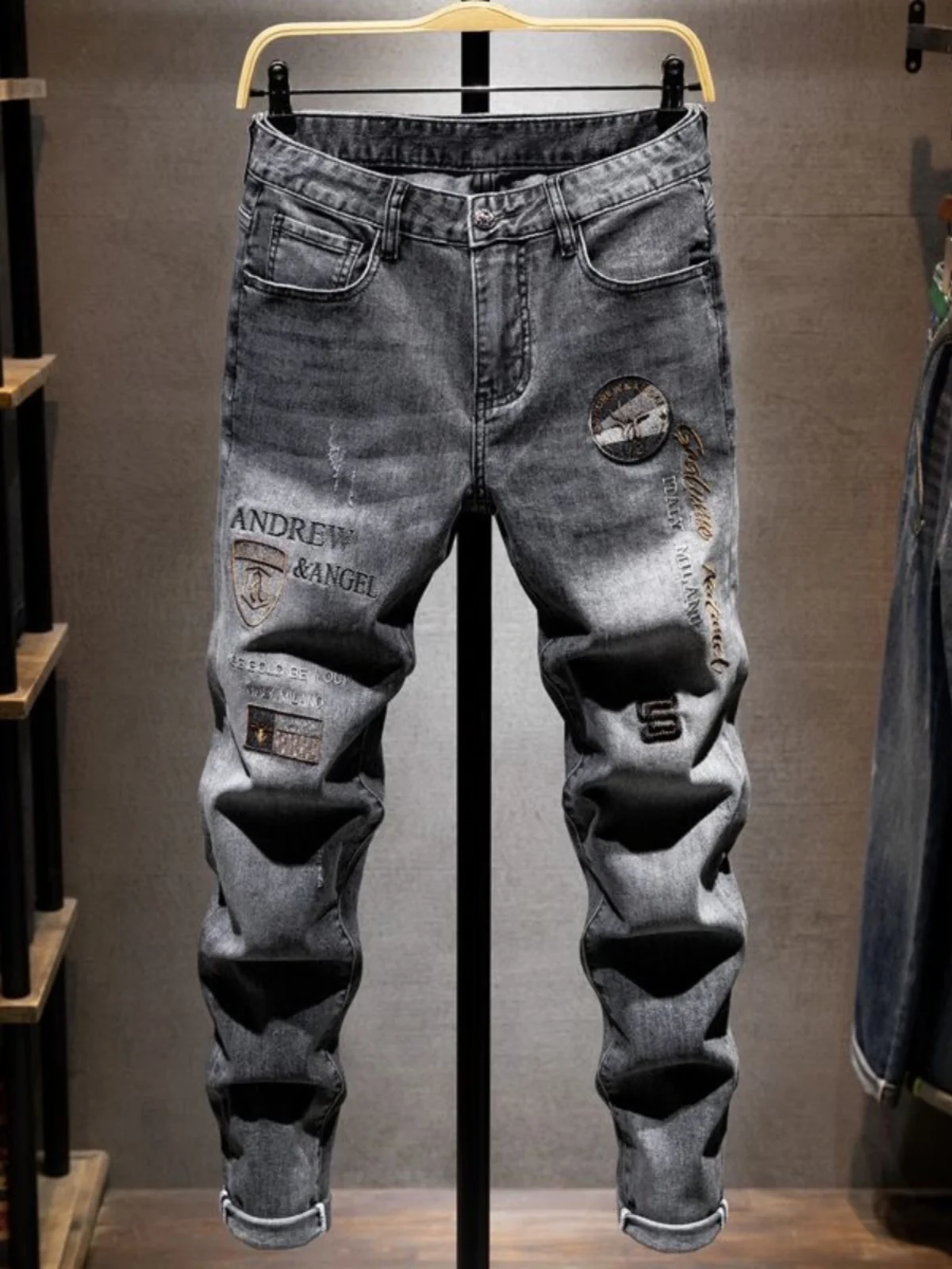 

New 2024 Men's Slim Fit Embroidered Denim Jeans Trendy Brand Washed out Grey Elastic Youthful Long Pants Straight Leg Jeans