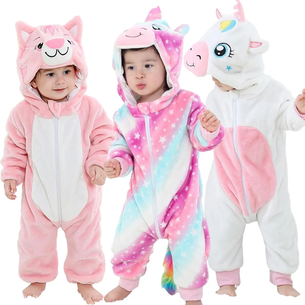

Newborn Baby Rompers Kigurumi Boy Girls Pajamas Animal Cartoon Romper Hooded Pyjama Unicorn Costume White Toddler Winter Clothes