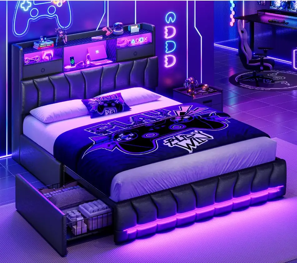 Queen Bed with Storage Headboard, 2 Drawers, RGB Lights, Charging Station, Leather Upholstered, No Box Spring, Customized