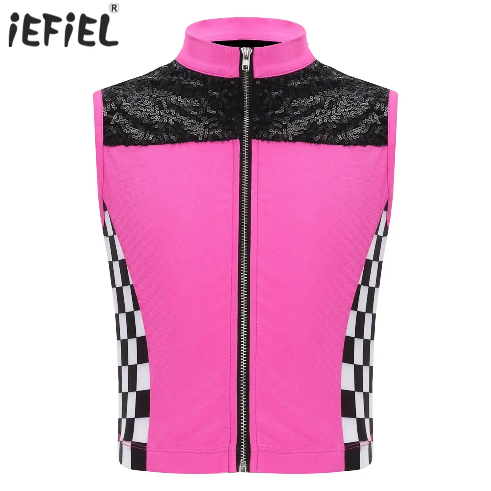 

Детский жилет для уличных танцев в стиле хип-хоп для девочек, клетчатый костюм, топ без рукавов с блестками, жилет для сценических танцевальных занятий