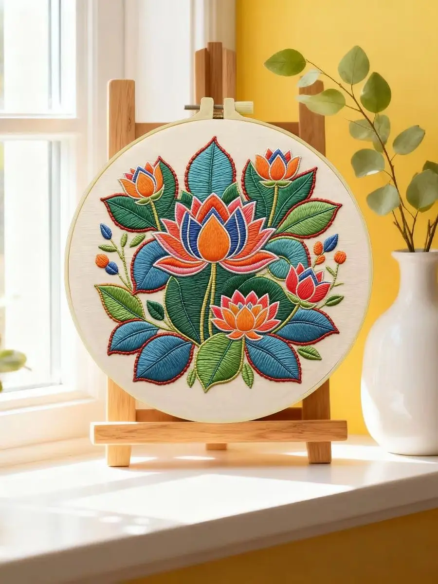 1 Stück 20X20CM/15X15CM 7,87/6,3 Zoll Lotusblumen-Stickerei-Starter-Kit DIY-Kit DIY-Stickerei-Set Handarbeiten Heimdekoration – Detail 6
