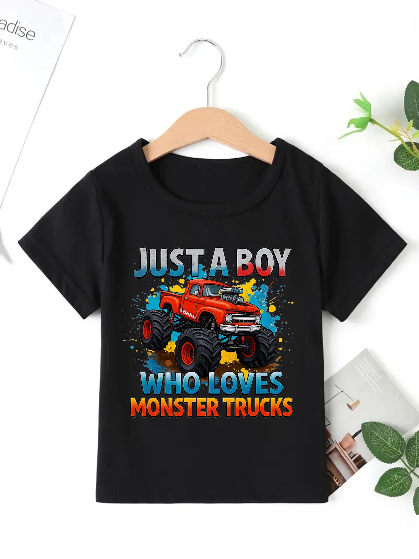 

Just A Boy Who Loves Monster Trucks Graphic Printed T Shirt Boys Cars Lover T-Shirt Summer Short Sleeve Shirt Toddler Shirt