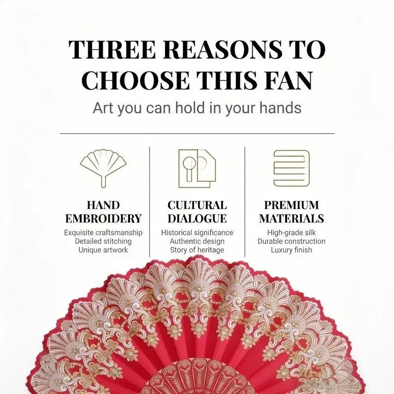Red Lace Folding Hand Fan with Gold Embossed Pattern Elegant Portable Accessory for Garden Tea Party Decoration