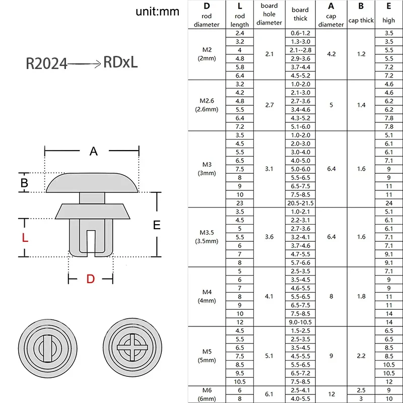 50pc R2/2.6/3/3.5/4/5/6mm Black White Nylon Plastic R-Type Expansion Rivet Clamp Screw Nut,PC Board Fixing Buckle Heat Resistant