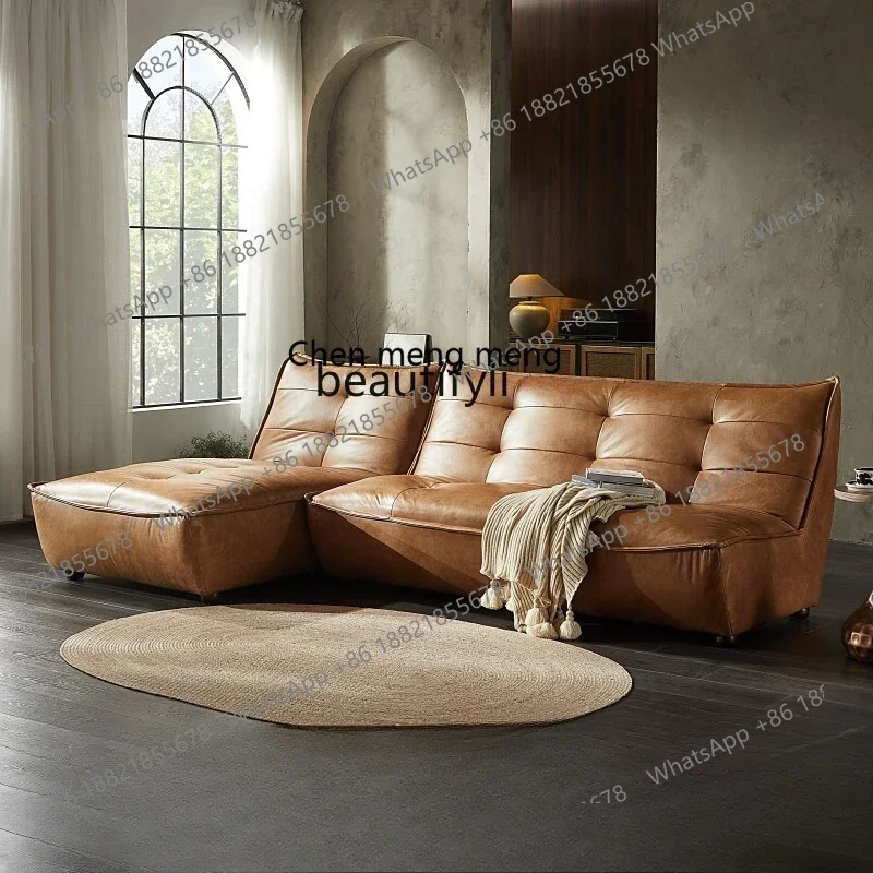 X   CQYNordic modern simple retro oil wax leather living room leather three-person corner sofa combination