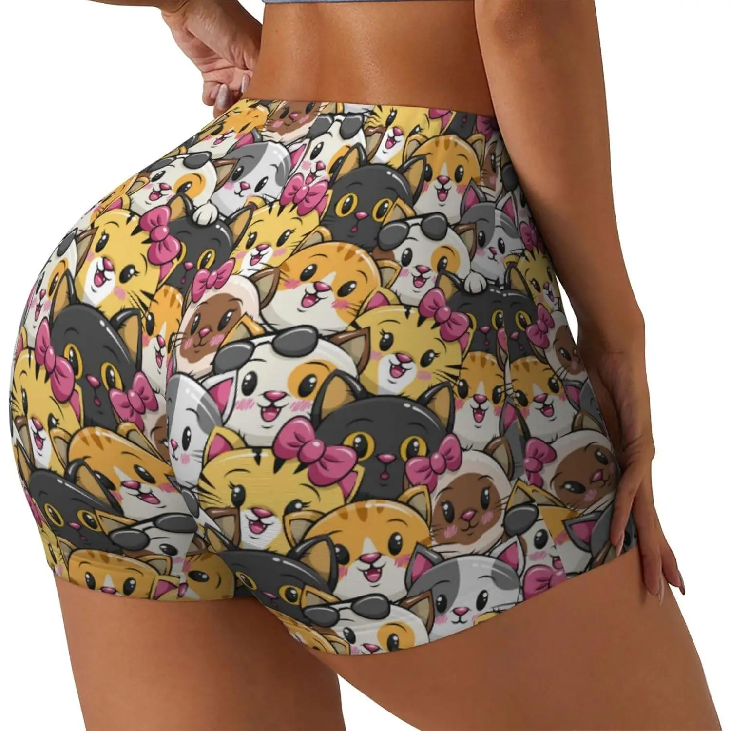 Pantaloncini da allenamento da donna con stampa simpatico gatto Pantaloncini sportivi per la corsa Yoga Palestra Compressione Assorbimento dell'umidità