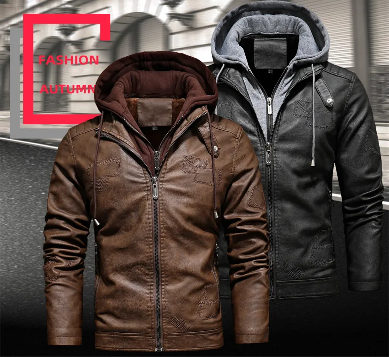 P U جلد الرجال فو الجلود سستة سترة مقنعين معاطف طويلة الأكمام سترة فضفاضة رسم سلسلة عالية الشارع جيوب الصلبة #3