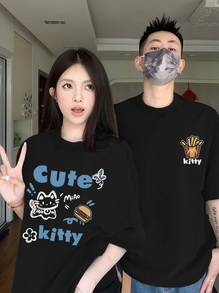 Different Couple's Short-sleeved Summer 2024 New Cute Kitten Eating Chips Pattern Pure Cotton T-shirt