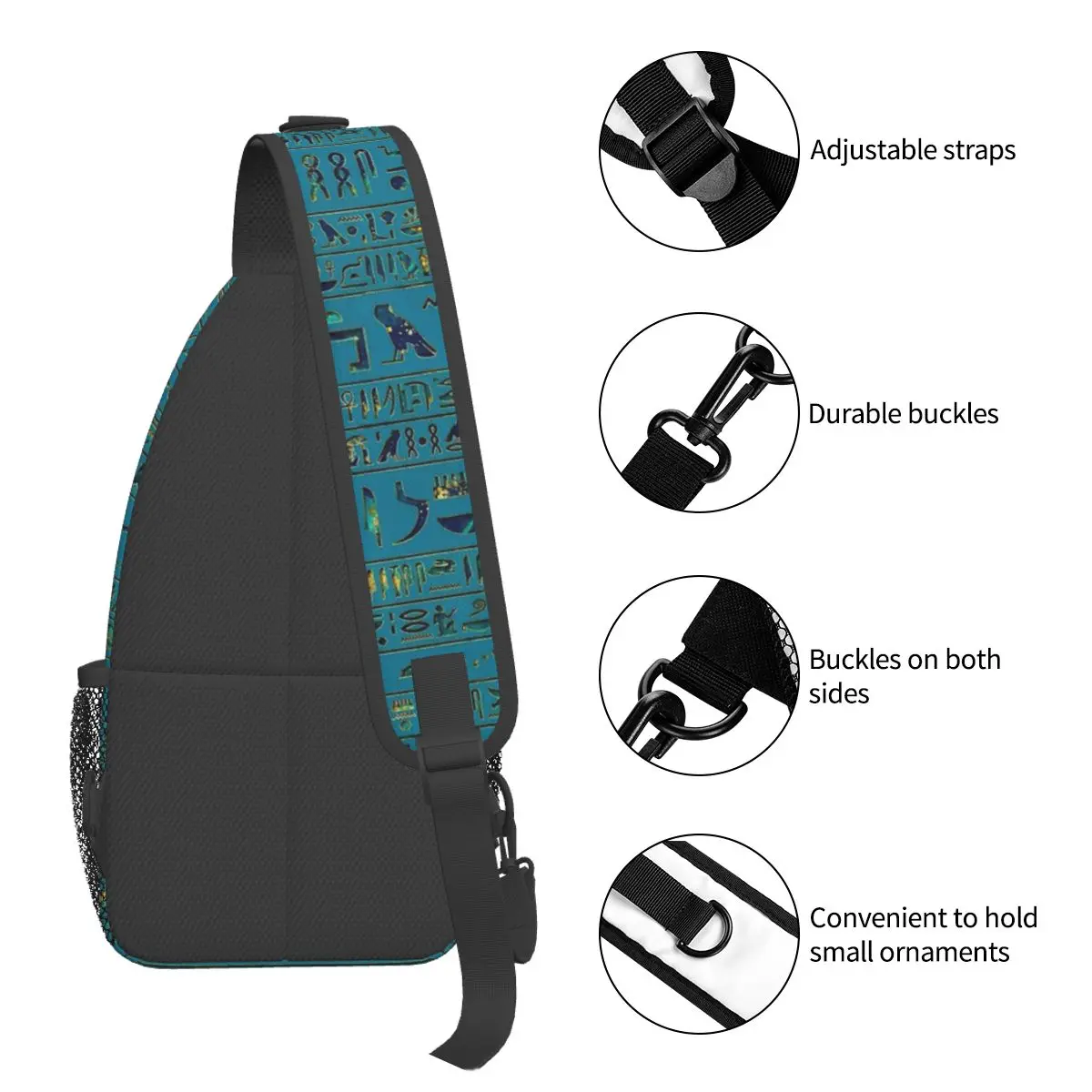 Borsa a tracolla a tracolla in pelle Teal Hieroglyphs egiziana borsa a tracolla piccola zaino a tracolla orientale Daypack per viaggi escursionismo sport