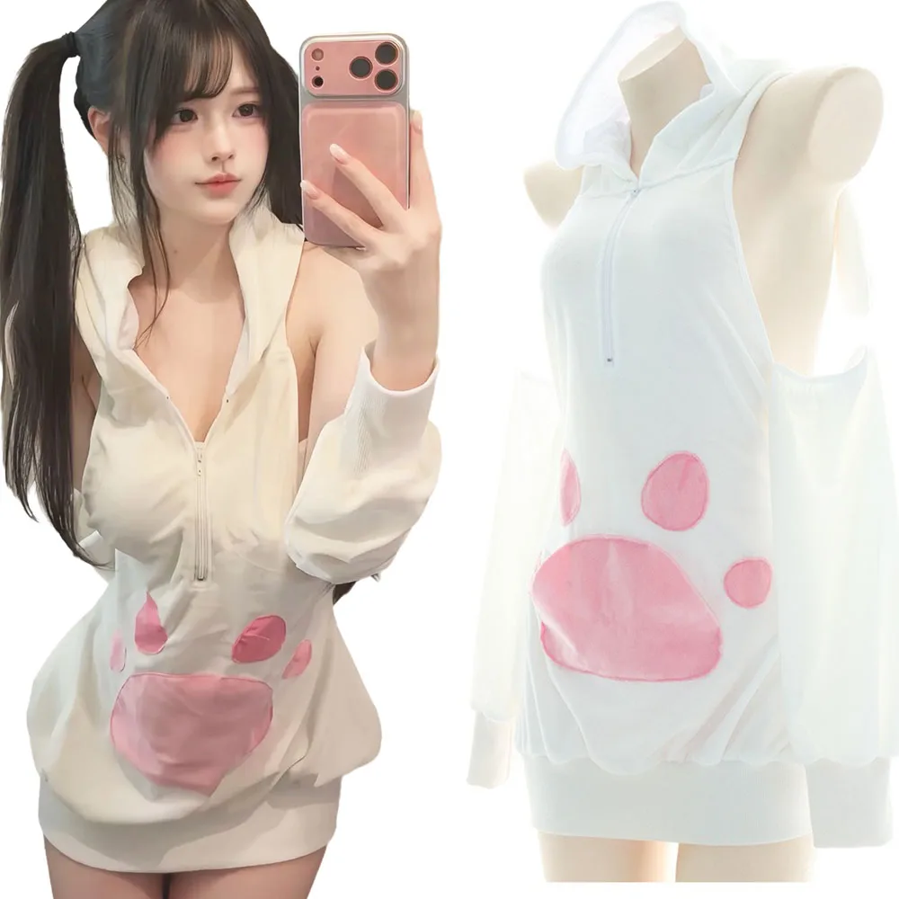 Women's Sexy Bunny Hooded Costume Set, White Sleeveless Mini Dress with Paw Print Role Play Outfit