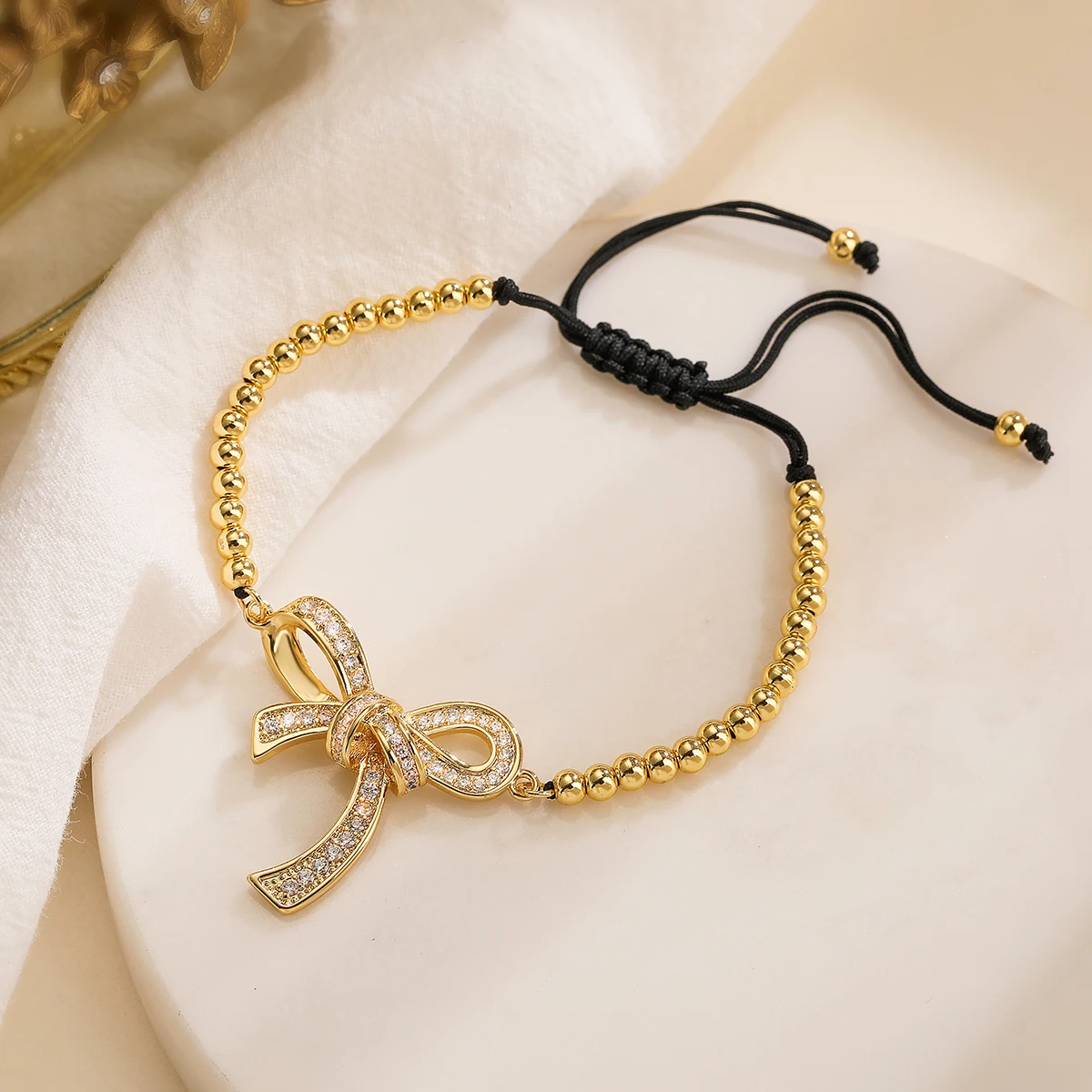 High Quality Gold Color Beads Chain Bracelets Adjustable Trendy AAA CZ Inlay Bowknot Jewelry Femme Bijoux