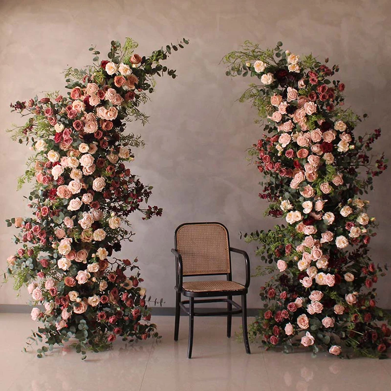 Luxury Wedding Decoration Horn Arch Flower Arrangement Backdrop Artificial Rose Flower Row Event Party Arc Moon Decor Floral