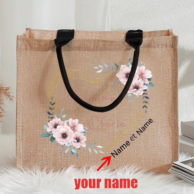 

Personalized with Name Dearest Boho Flowey Garland Patterns Jute Tote with Hand Shopping Bag for Women Family Christmas Gifts