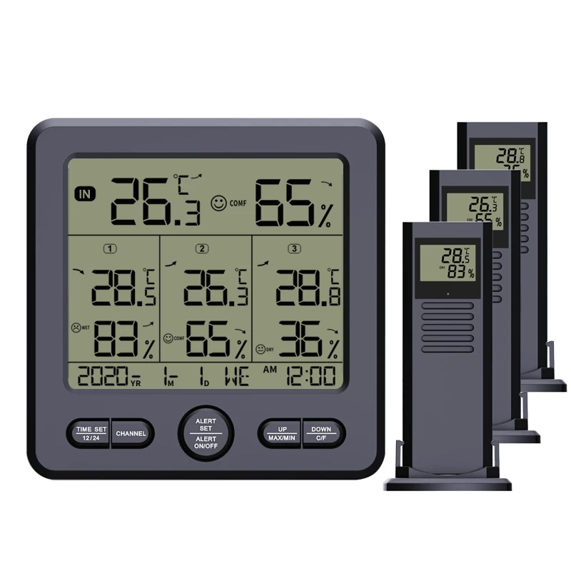 Wireless Indoor Thermometer & Hygrometer with 3 Remote Sensors, Alarm Clock, and Calendar for Home, Office, and Greenhouse