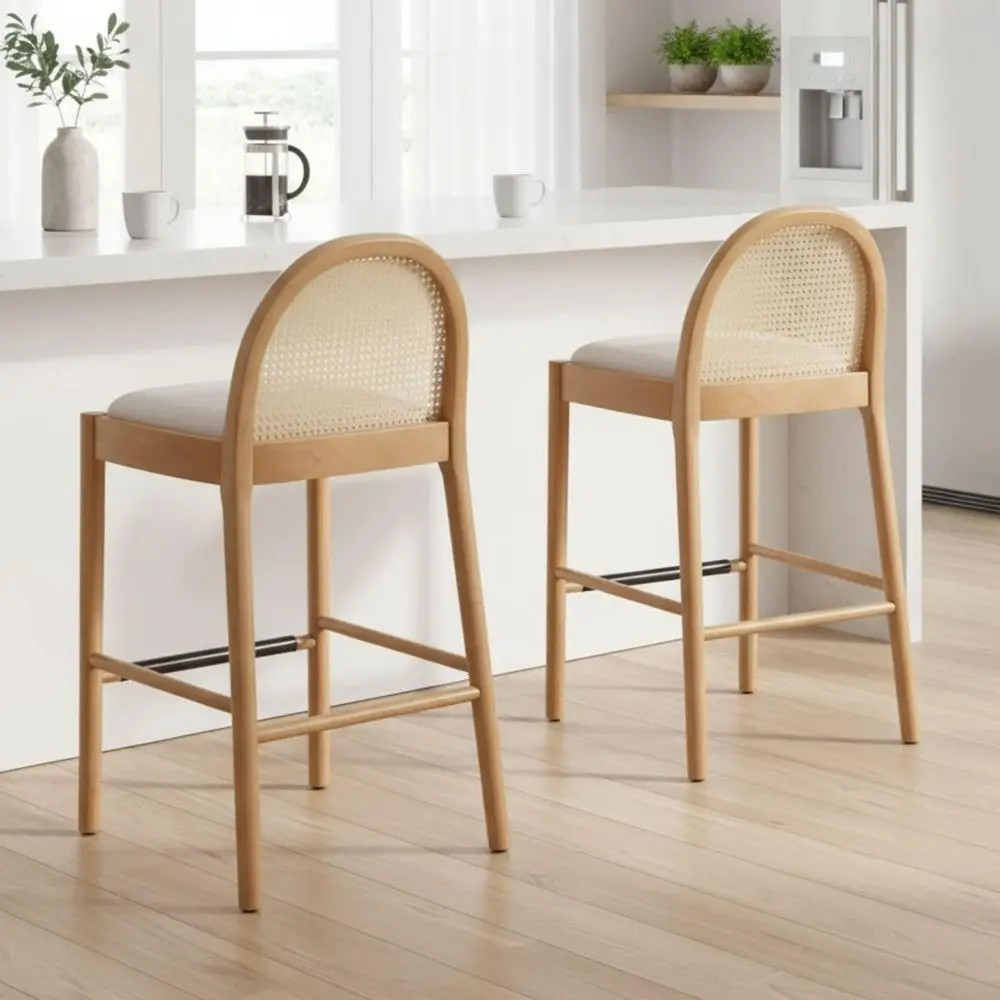 

Modern Linen Bar Stools Set of 2, 29 Seat Height Tall Bar Chairs with Wooden Legs Natural Rattan Cane Back Bar Height Counter S