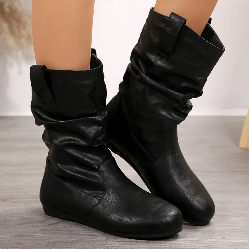 Women Flat Mid-calf Suede Ankle Boots Platform West Cowboy Shoes Round Toe Boot 2024 Autumn Designer Ladies Suede Botas De Mujer