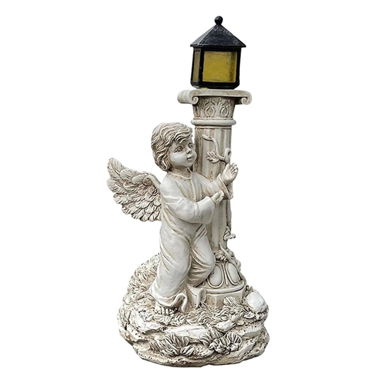 Angel Wing Statue Resin Roman Pillar Solar Powered Decorative Artwork for Yard Patio Balcony and Home Rooms