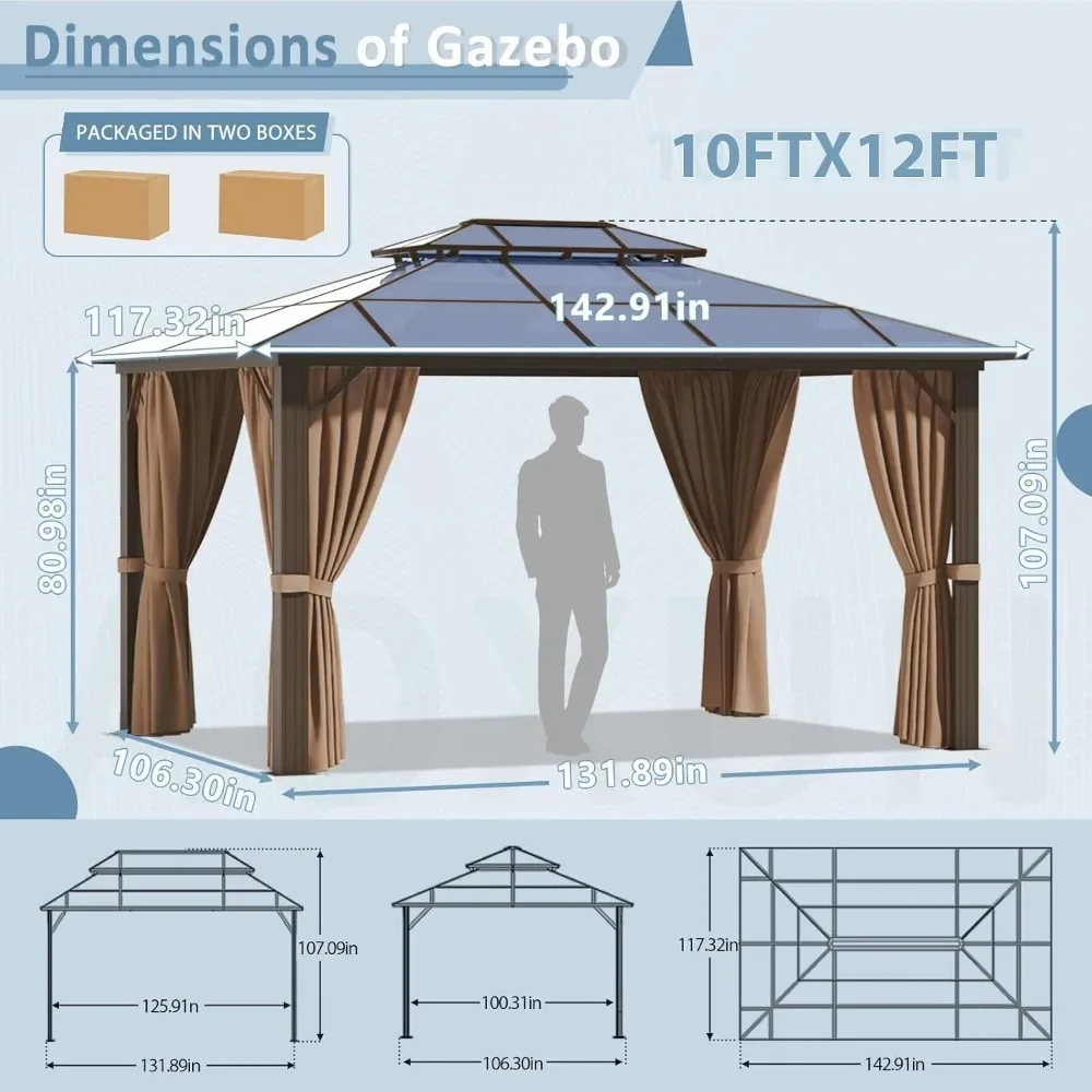 10'x12' Gazebo with Aluminum Frame Permanent Pavilion and Curtains & Netting，Garden Canopy，Outdoor Double Roof Gazebo