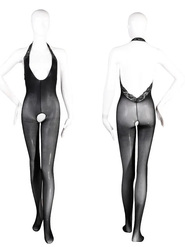 Macacão de renda malha transparente feminino, sem encosto, Virilha Aberta, sexy, tamanho grande, seda preta, macacão feminino, bodysuits, top coreano, 1MJW