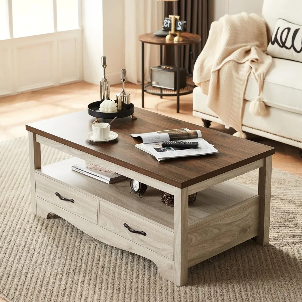 

Farmhouse Coffee Table with Storage, Wood Coffee Table for Living Room, Sofa table with Open Display Area and Storage Drawers