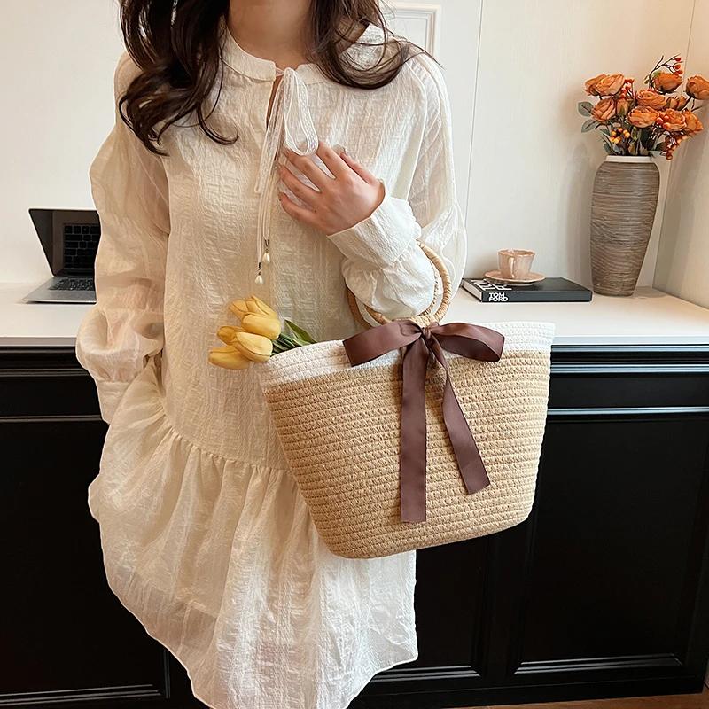 Straw Woven Bag Women Summer Beach Bag Tote Large Capacity Vegetable Basket Pack Ring Satchel Clutch Bag Bohemian Ladies Handbag