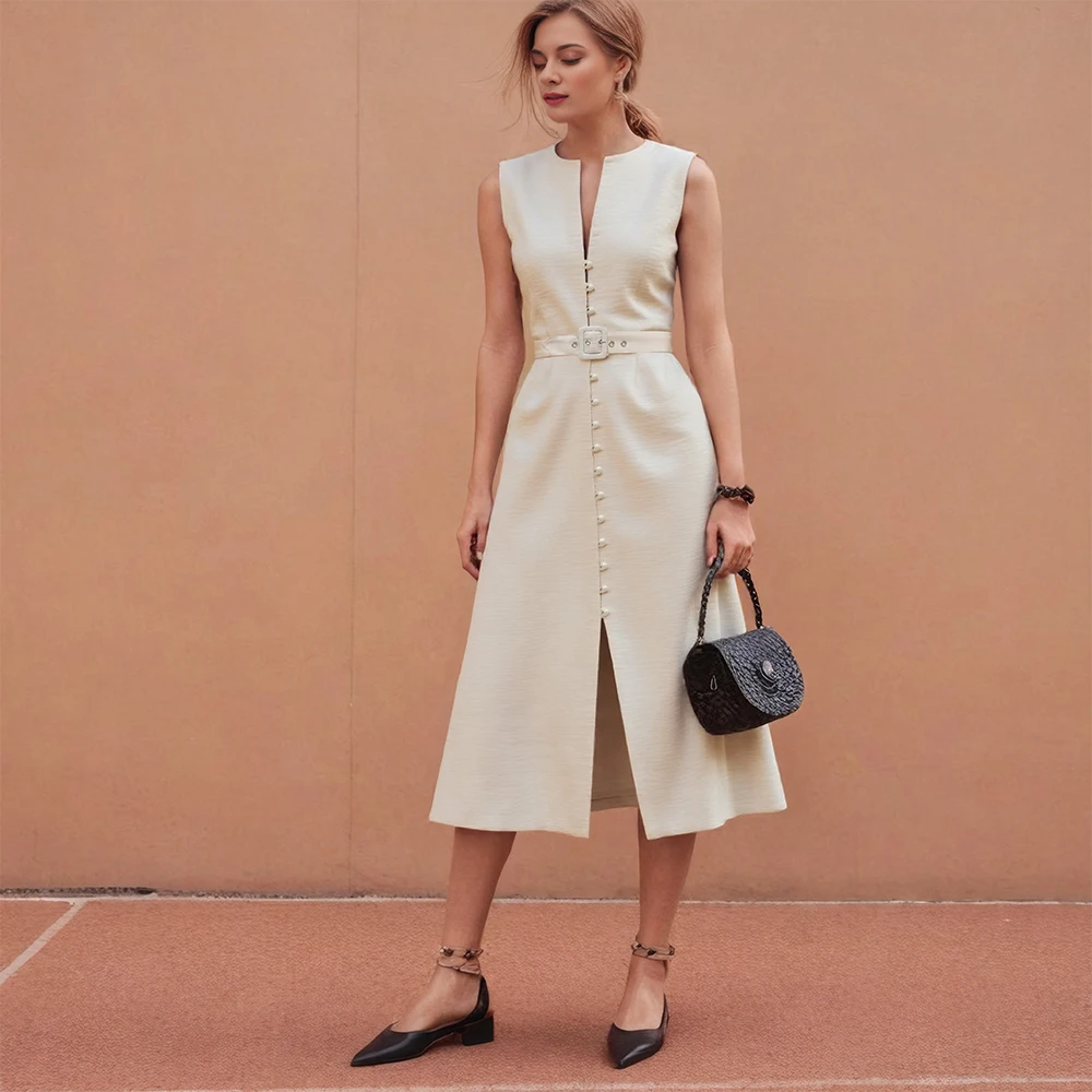 Einreihiges Tank-Kleid für Damen, geteilter Saum, Rundhalsausschnitt, Taschen, minimalistisch, lässig, Boho, A-Linie, Midikleid, ärmelloses Sommerkleid
