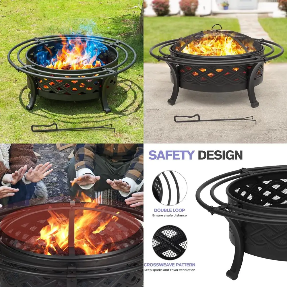 

36 Crossweave Outdoor Fire Pit with Double Loops, Spark Screen, and Fire Poker