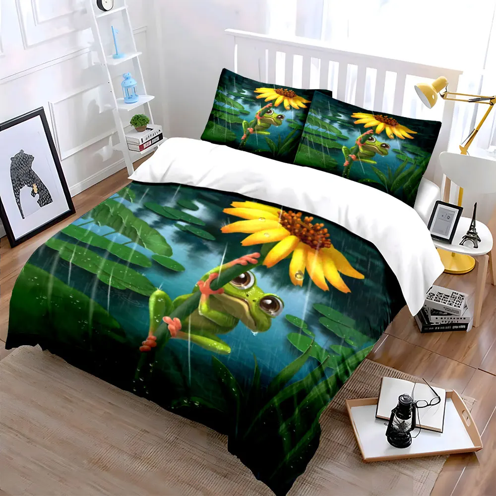 3Pcs Rainy Pond Green Frog Duvet Cover Set, Cute Lily Pad Cartoon Bedding Includes 1 Duvet Cover And 2 Pillowcase, Gift