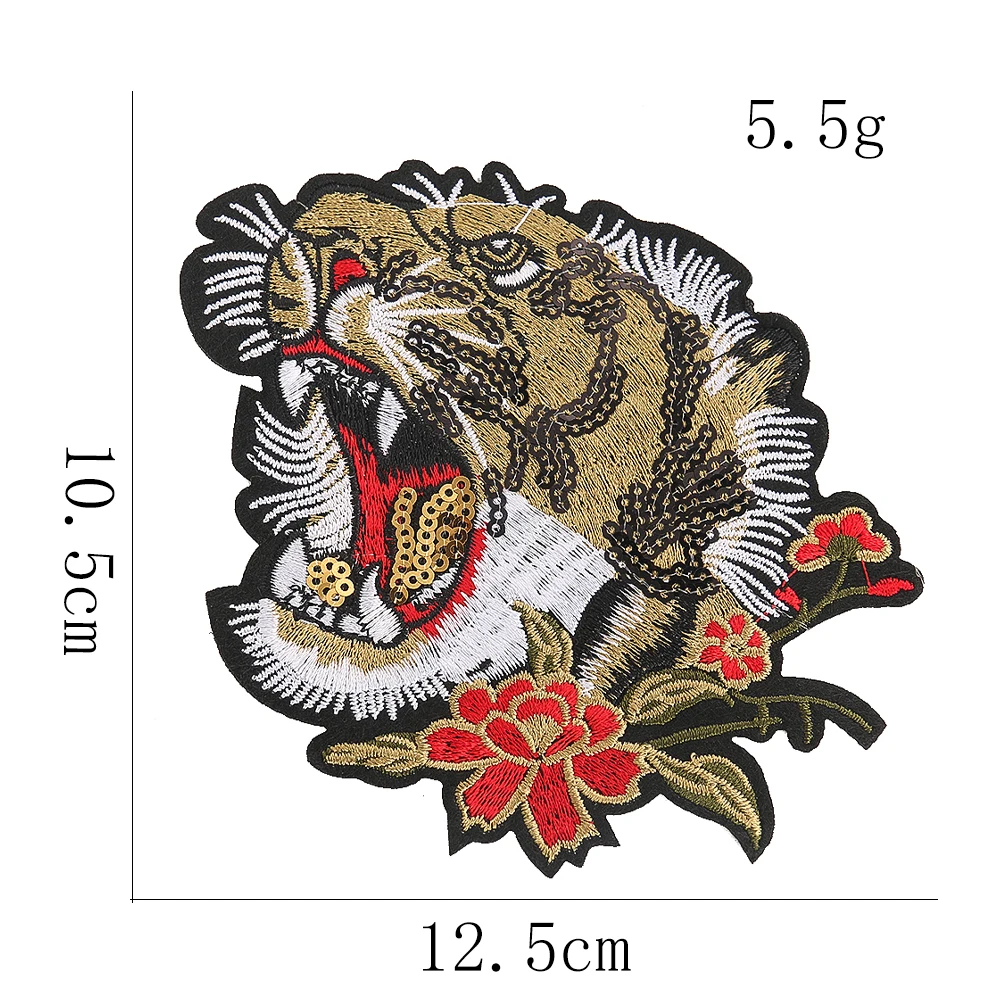 1 Pair Flower Tiger Head Patches Animal Fabric Appliques Embroidery Sequins Iron on Patch for Clothing Badges Clothes Stickers