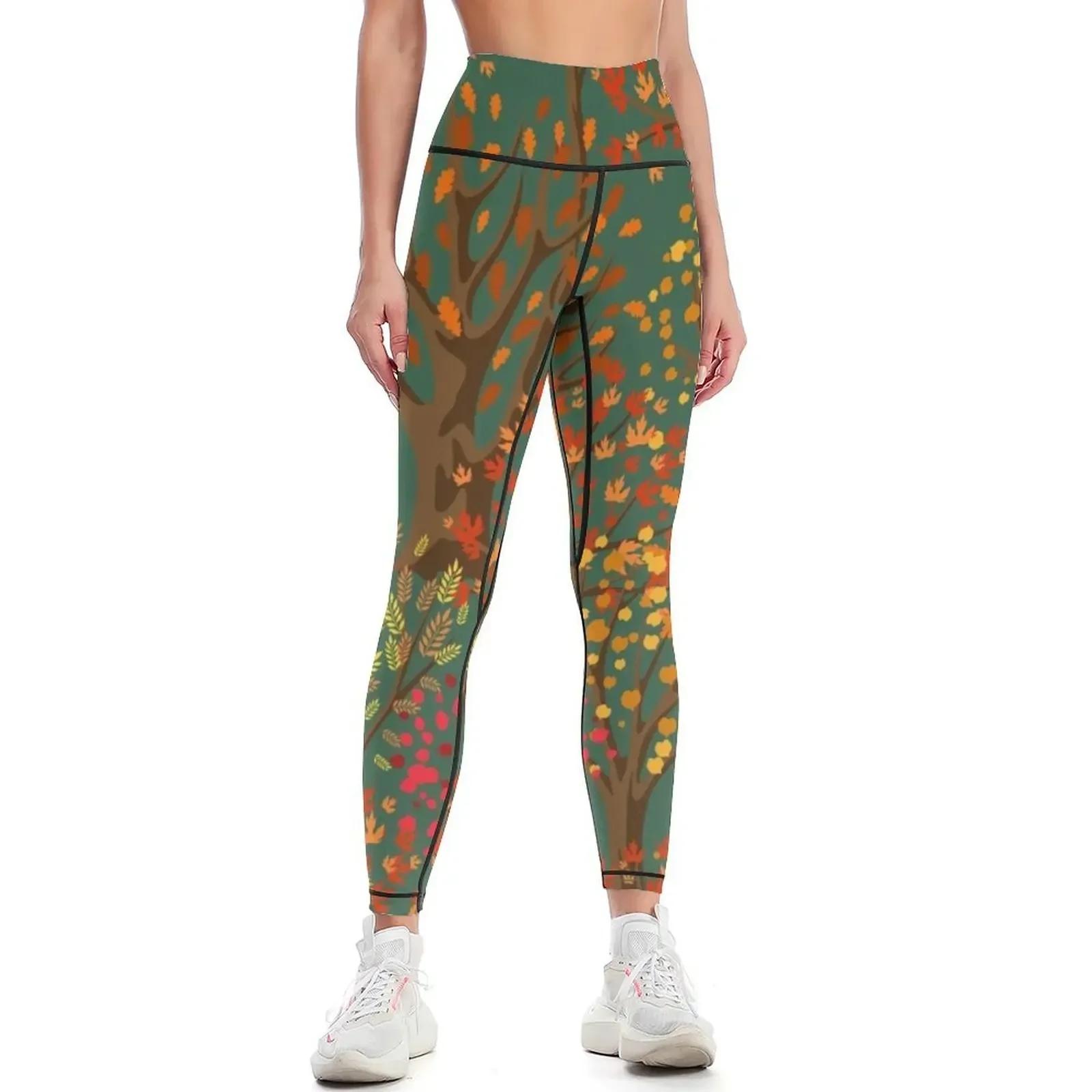 

Fall Autumn Pattern- Forest Trees Red Orange Yellow Leaves, Fall Leaves Print Leggings sports tennis for Womens Leggings