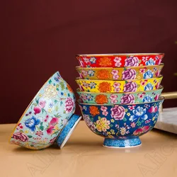 Bone China Enamel Colored Flower Bowl Palace Style Rice Bowls Chinese Hotels High-end Ceramic Tableware High Foot Anti Scalding