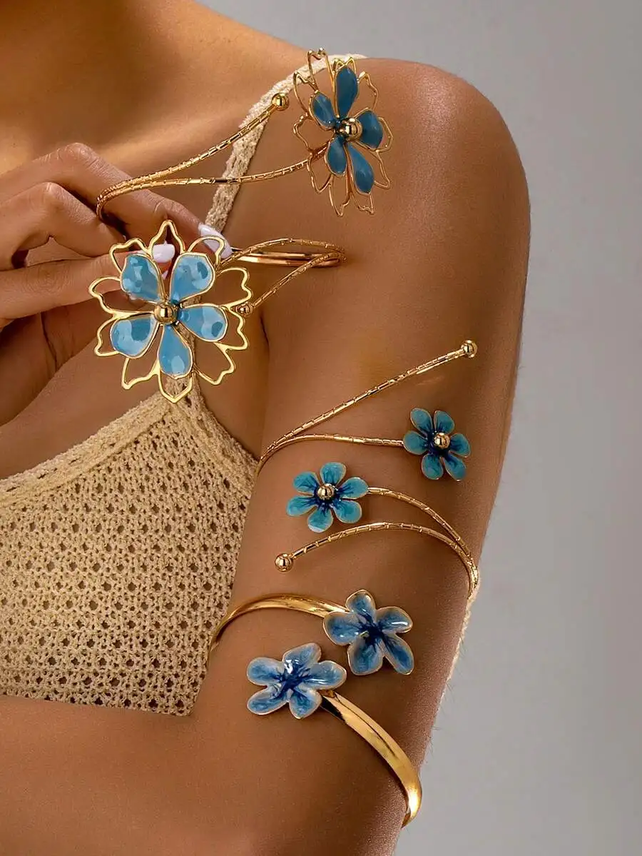 

3pcs Blue Floral Armband Set For Women Elegant Vacation Style Exaggerated Arm Jewelry