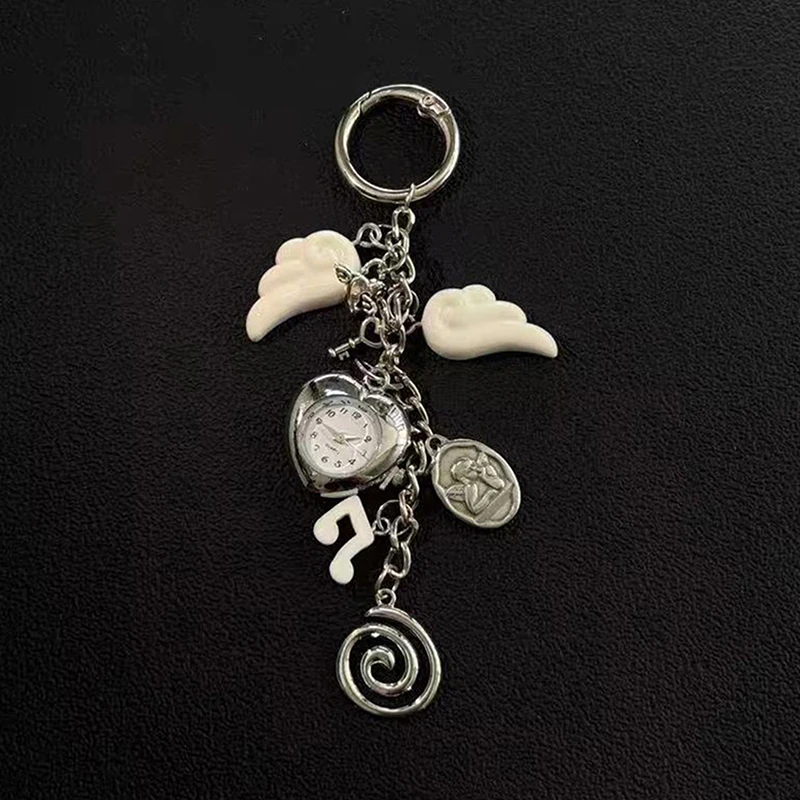 New Angel Wings Heart Pocket Watch Bag Charm Pendant Keychain For Women Girls Bag Decoration Accessories
