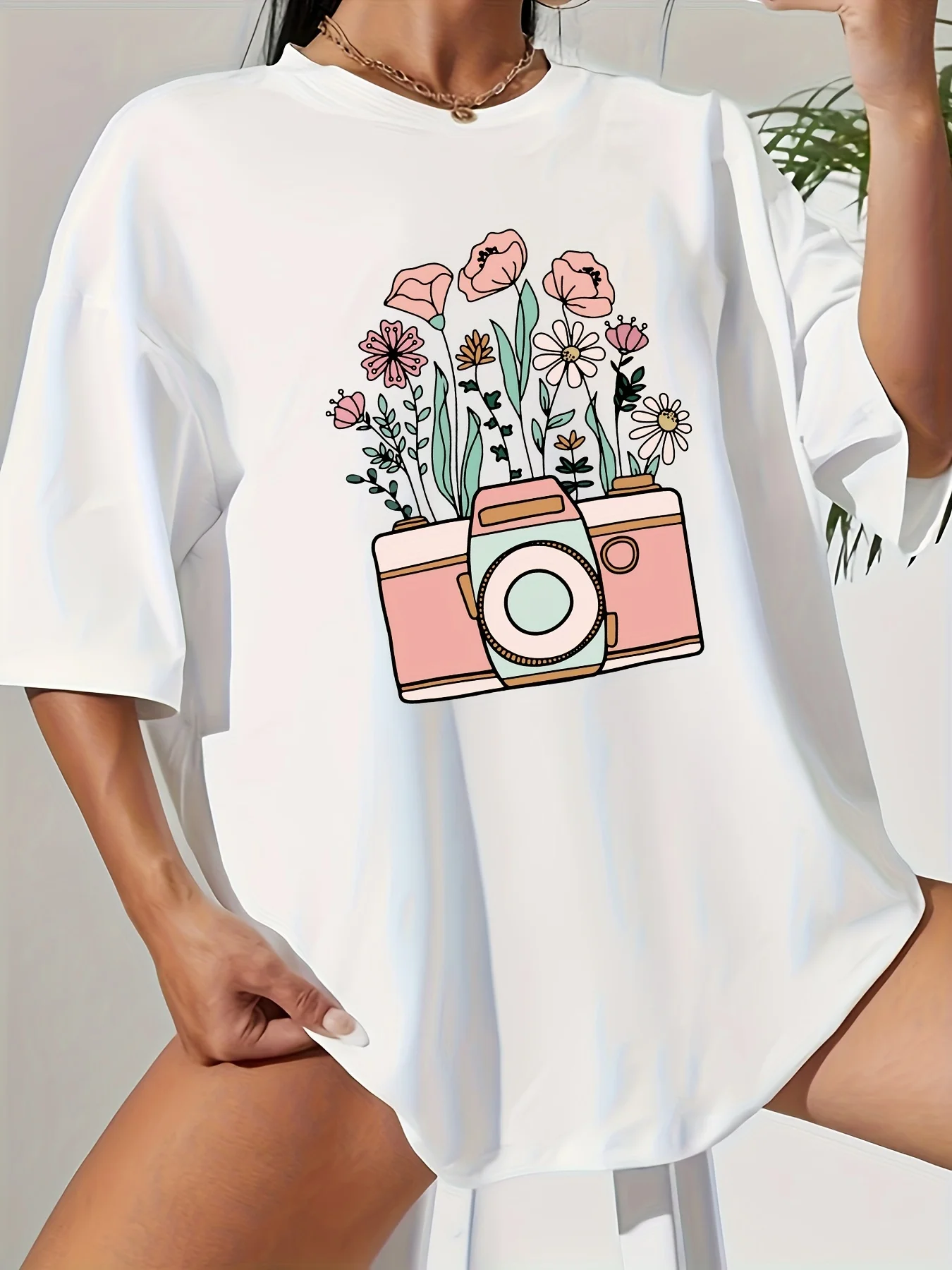 Women's Oversized Flower & Camera Print T-Shirt - Casual Drop Shoulder Short Sleeve Tee