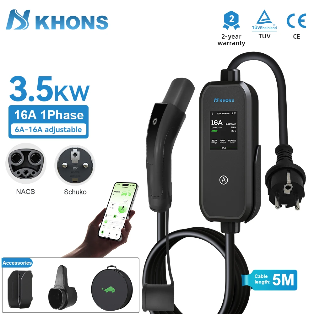 

Khons NACS Tesla Portable EV Charger 3.5kW 16A EVSE Schuko Plug Bluetooth APP Control 5m TPU Cable For Tesla Model 3/Y/S/X