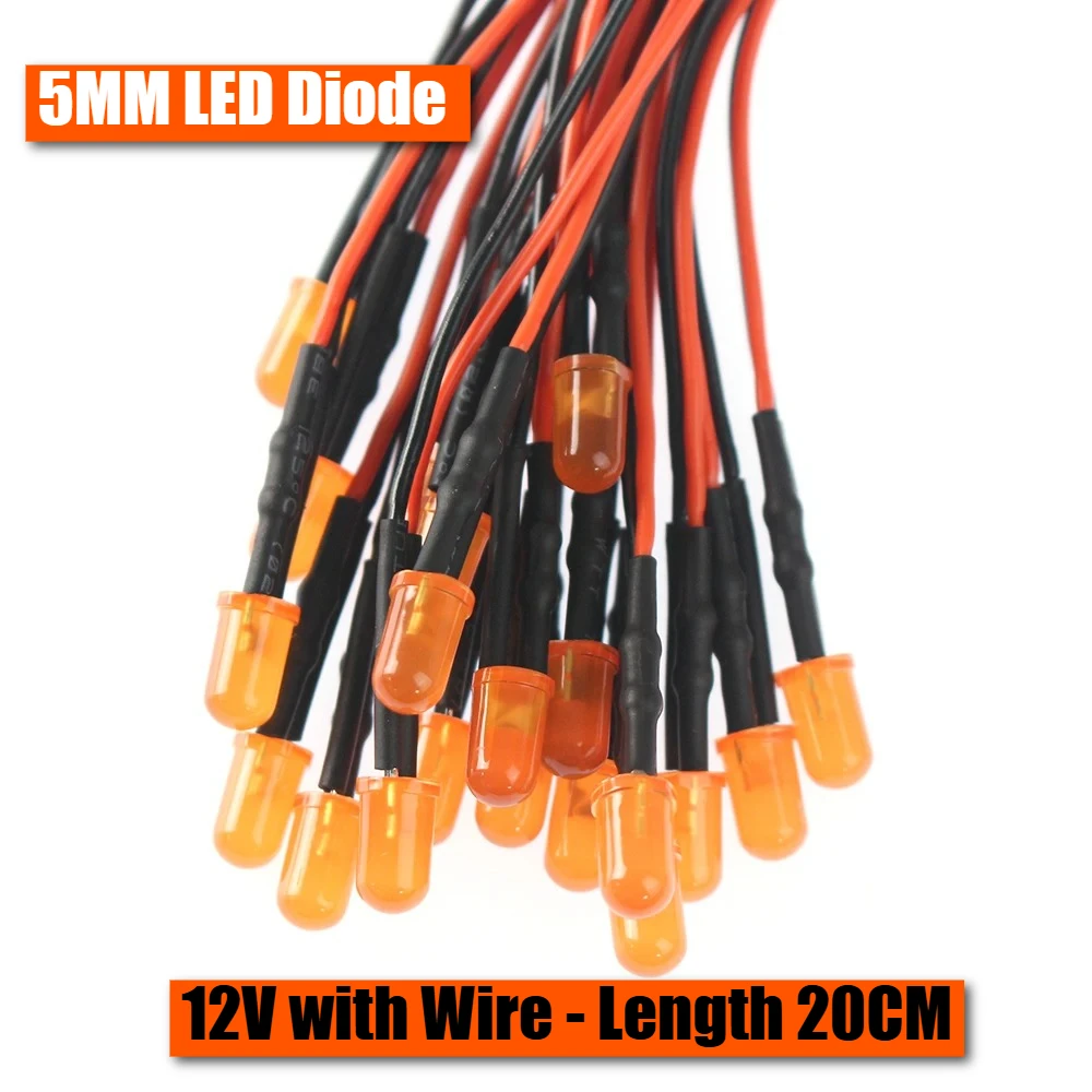 20PCS F5 5mm LED Diode 12V Emitting Diodes Lamp with 20CM Prewired Red Green Blue Orange Yellow for DIY Indicator Projects