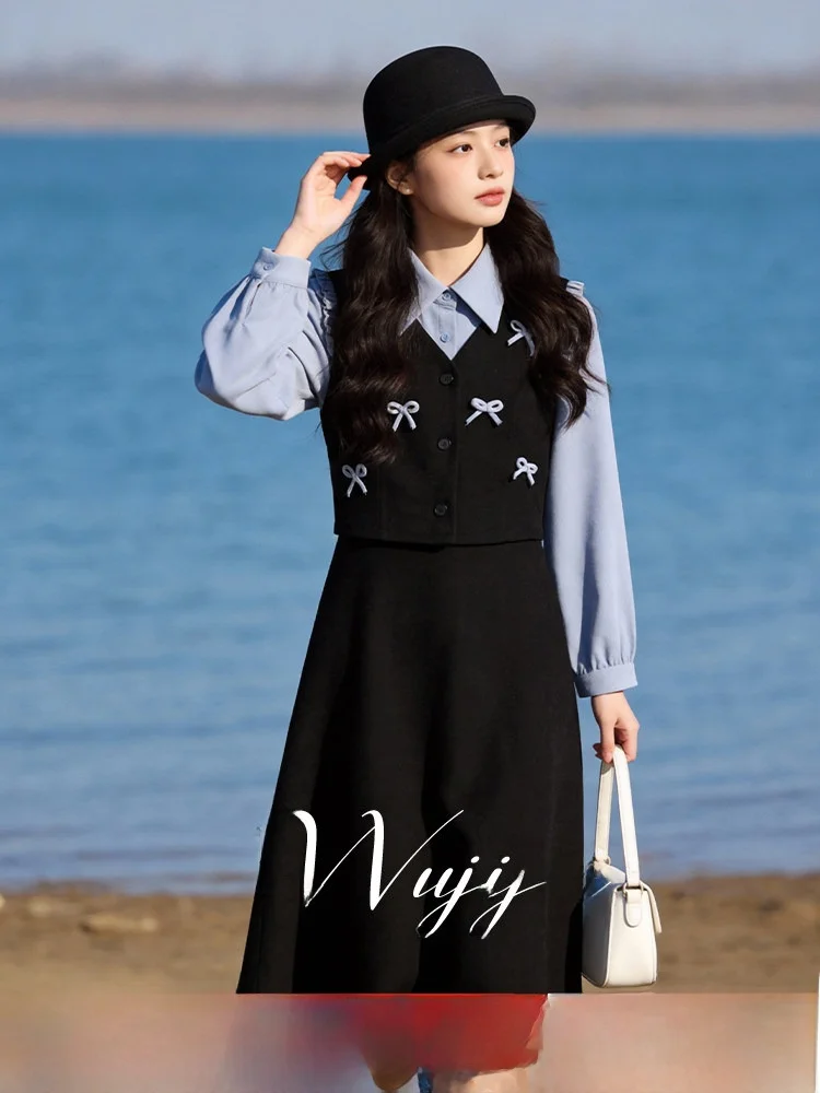

Spring Season A-Line Dress Knot College Style plus Size Women's Dress Slimming Skirt Polyester Fiber Long Sleeve