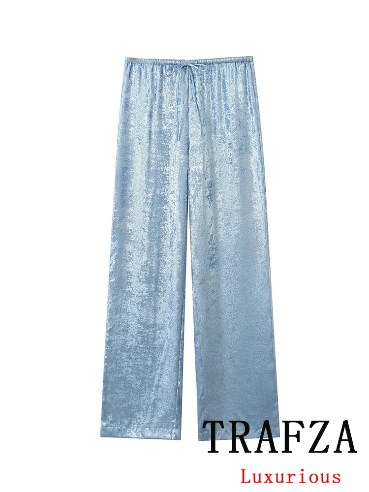 

TRAFZA Vintage Chic Women Satin Pants Solid Blue Drawstring Straight Loose Pants Fashion 2024 Spring Summer Holiday Trousers