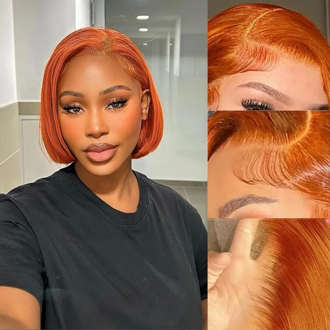 VideoOrange-Perruque Bob Lace Front Brésilienne Naturelle, Cheveux Humains, 13 Tages, Pre-Plucked, Transparent, #350, pour Femme